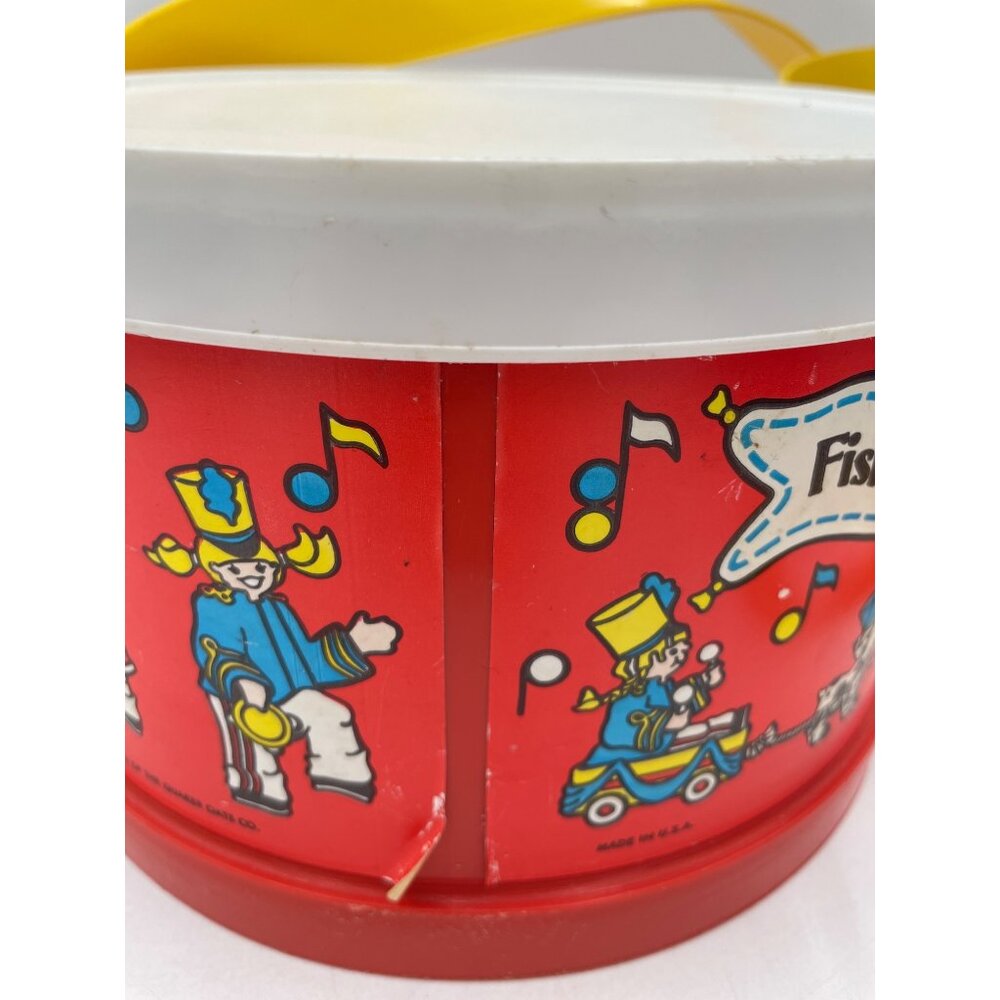 Vintage Fisher-Price Plastic Toy Drum Yellow Handle Marching Band Graphics 1979 - Picture 6 of 16